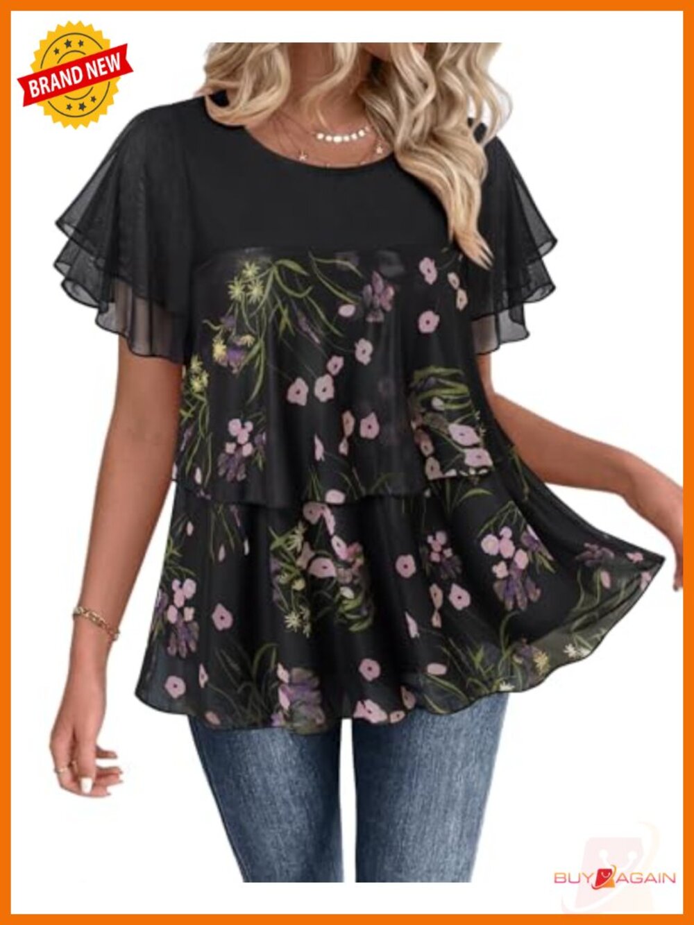 Double Layer Mesh Ruffle Sleeve Babydoll Tunic Top Crew Neck